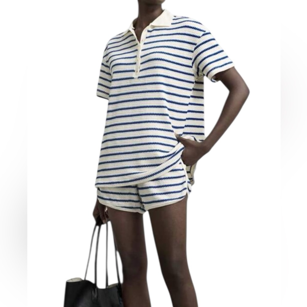 Ontre 2pcs/Set Women's Colorblock Striped Polo Collar Short set